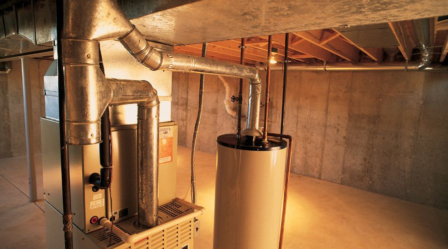 Heating system in basement with metal ductwork, water heater, and organized space by Barker Heating & Cooling.